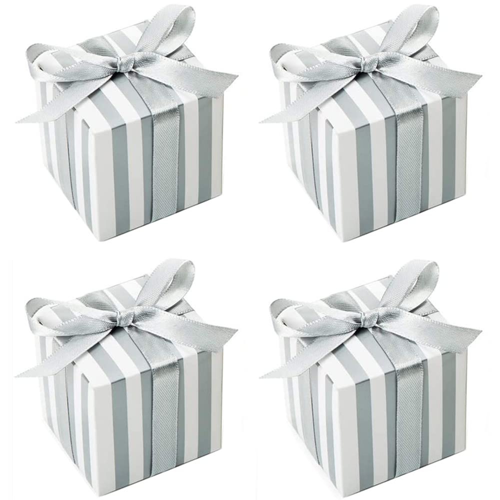 KUPOO 50PCS Favor Boxes,Candy Boxes 2.2x2.2x2.2 Inches Small Gift Boxes with Ribbons for Wedding Baby Shower Decorations Birthday Party (Silver)