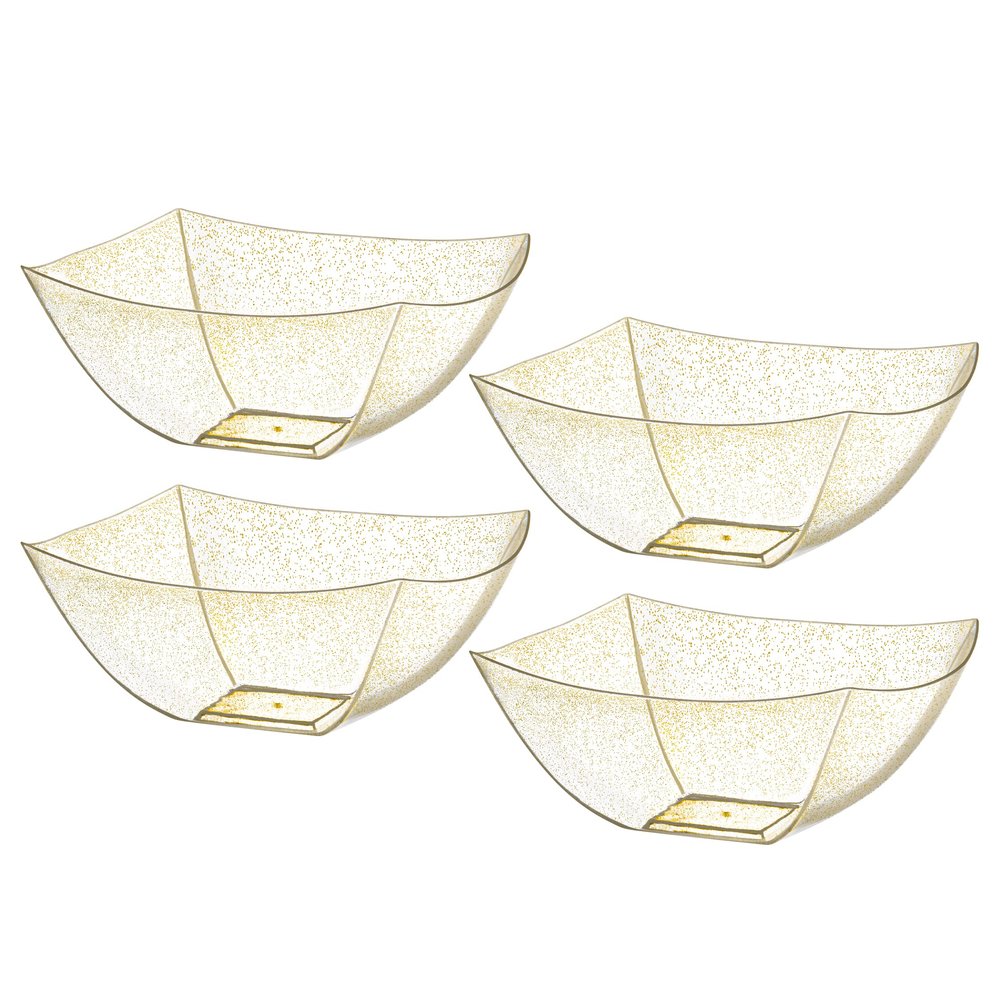 Posh Setting - Gold Glitter Plastic Serving Bowls for Party (16oz - 4 Pack) Square, Disposable, Candy Containers for Candy Buffet