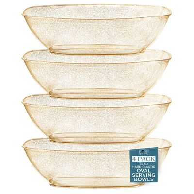 Posh Setting - Disposable Oval Party Bowls, Plastic Serving Bowls - Glitter Gold, 4 Pack