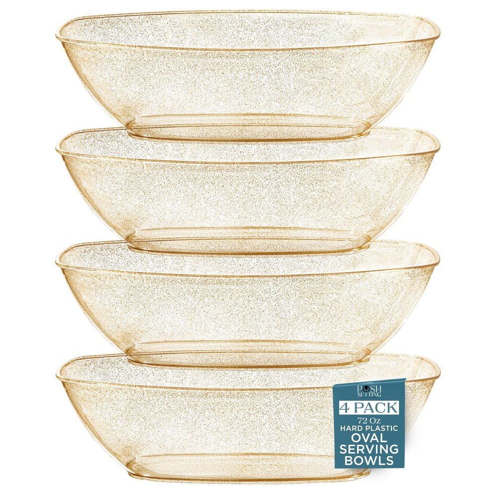 Posh Setting - Disposable Oval Party Bowls, Plastic Serving Bowls - Glitter Gold, 4 Pack