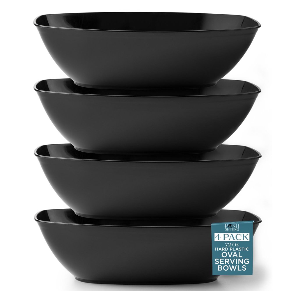 Posh Setting Black Plastic Serving Bowls Disposable - Oval Bowls - Oval Candy Bowl - Plastic Snacks & Chip Bowls for Parties - Black Party Serving Dishes 4 pack