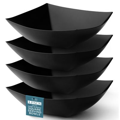 Posh Setting - Black Plastic Serving Bowls (32oz - 4 Pack) Square, Disposable, Salad & Fruit Bowls for Party Table, Candy Containers for Candy Buffet