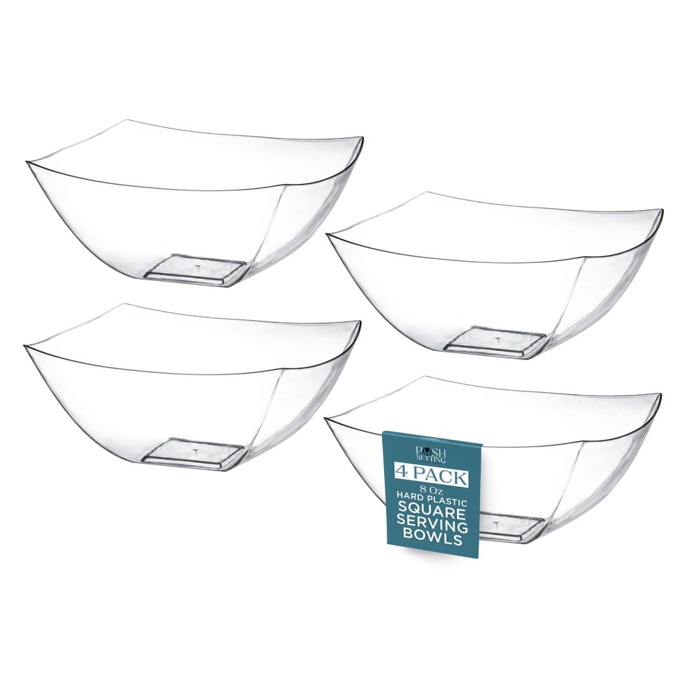 Posh Setting - Clear Plastic Serving Bowls for Party (8oz - 4 Pack) Square, Disposable, Salad & Fruit Bowls for Party Table, Candy Containers for Candy Buffet