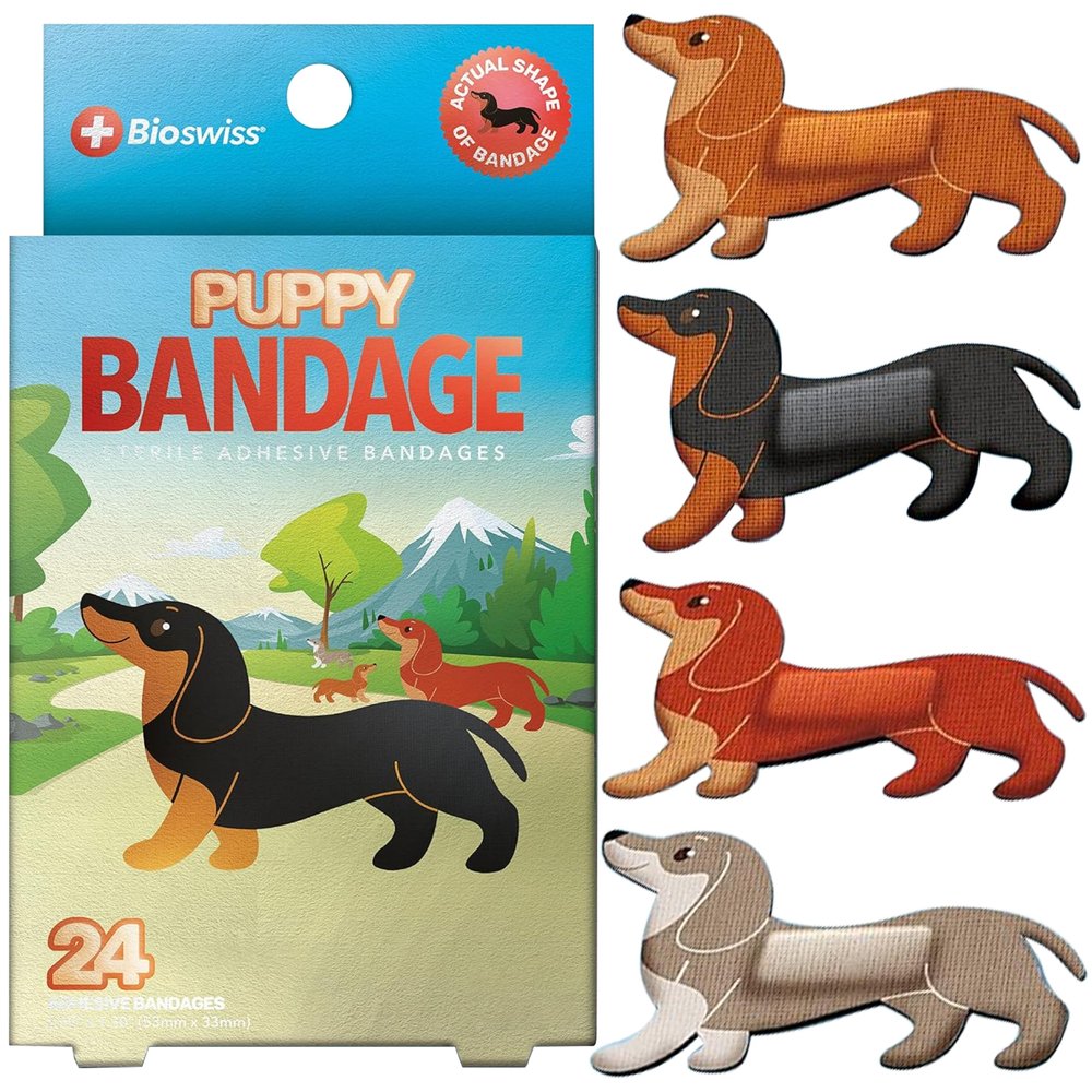 BioSwiss Bandages, Weiner Dog Shaped Self Adhesive Bandage Set, Latex Free, Sterile Wound Care, 24 Count