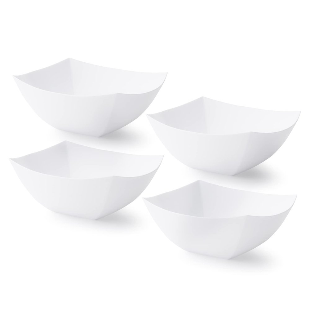 Posh Setting - White Plastic Serving Bowls for Party (8oz - 4 Pack) Square, Disposable, Salad & Fruit Bowls for Party Table, Candy Containers for Candy Buffet