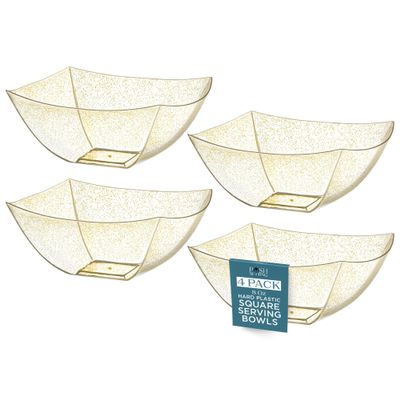Posh Setting Gold Glitter Plastic Serving Bowls (8oz - 4 Pack) Square Disposable Containers for Party Table, Chips, Candy Buffet, and Salad