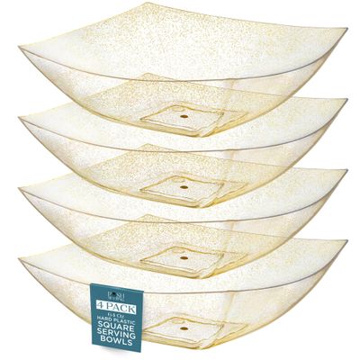 Posh Setting - Gold Glitter Plastic Serving Bowls for Party (64oz - 4 Pack) Square Bowls, Disposable Chip Bowls, Candy Bowls for Party Table, Salad Bowls for Party, Candy Containers for Candy Buffet