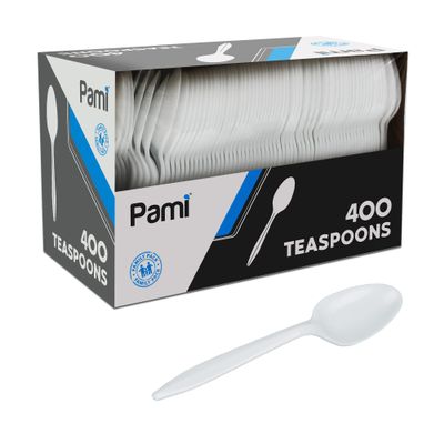 PAMI 400-Pack Medium Weight Disposable Plastic Teaspoons, Bulk Utensils for Parties, Weddings, Catering, Plastic Forks in Bulk Available (Teaspoons White)