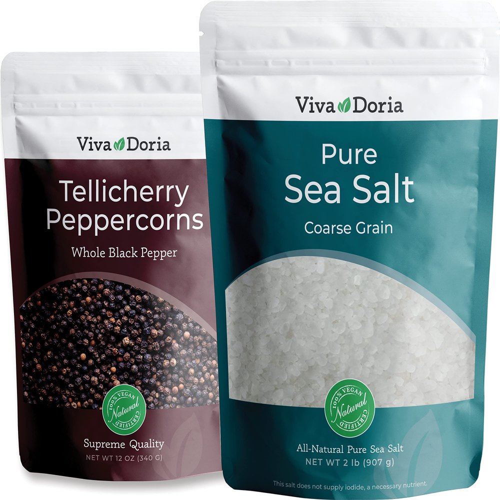 Viva Doria Tellicherry Black Peppercorns, Whole Black Pepper, Black Peppercorn, 12 Oz and Pure Sea Salt, Coarse Grain, 2 lb, For Grinder Refills, 2 Piece Set
