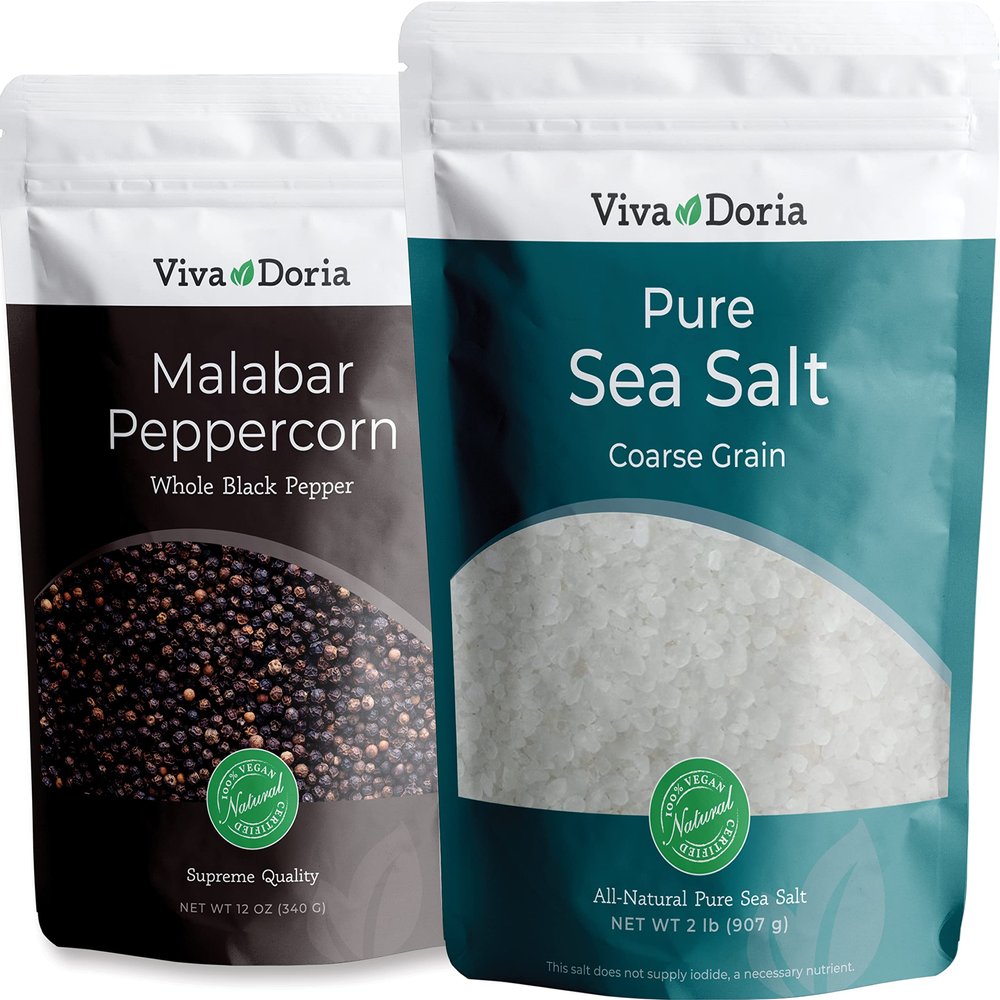 Viva Doria Malabar Black Peppercorns, Whole Black Pepper, Black Peppercorn, 12 Oz and Pure Sea Salt, Coarse Grain, 2 lb, For Grinder Refills, 2 Piece Set