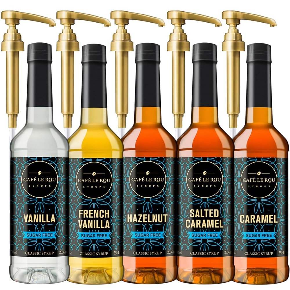 Caf Le Rou Coffee Syrup Sugar Free Variety 25.4oz Vanilla, French Vanilla, Caramel, Salted Caramel, Hazelnut - (Sugar Free Variety, 5-Pack) *Includes 5 Syrup Pumps* Flavoring Syrup for Coffee, Tea & Espresso Made in the USA