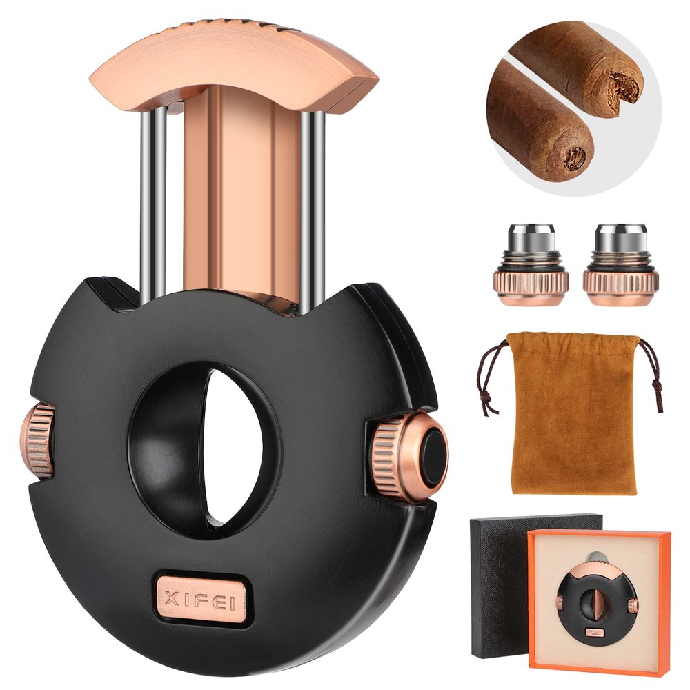 XIFEI Cigar Cutter V-Cut Guillotine Stainless Steel Cigars Clippers Sharp Blade Built-in Cigar Punch Ergonomic Design Perfect Cigar Accessory Tool with Gift Box (Black)