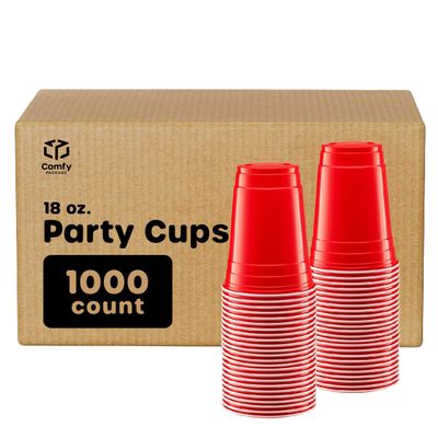 GUSTO [Case of 1,000] 18 oz. Disposable Plastic Red Cups, Party Drinking Cups for Events and Everyday Use
