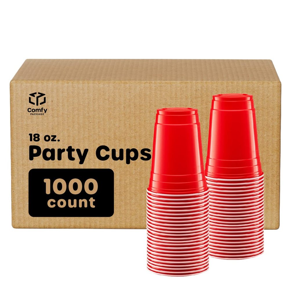 GUSTO [Case of 1,000] 18 oz. Disposable Plastic Red Cups, Party Drinking Cups for Events and Everyday Use