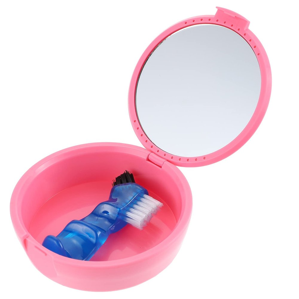 Beavorty 1set Portable Storage Box with Cleaning Brush and Mirror Compact Lightweight False Tooth Container for Travel and Daily Use Box Brush
