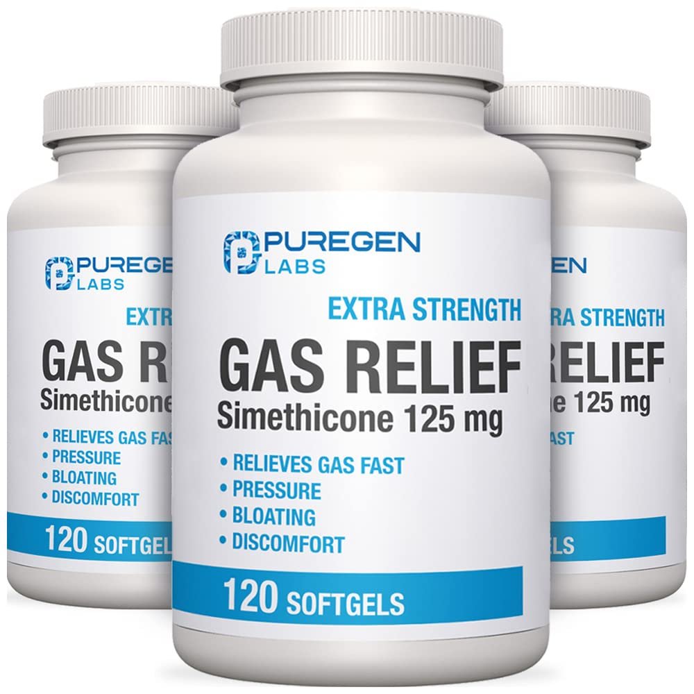 Puregen Labs Extra Strength Gas Relief Softgels with Simethicone 125 mg | Fast Relieve of Pressure, Bloating and Painful Discomfort  3 Pack | Total 360 Softgels