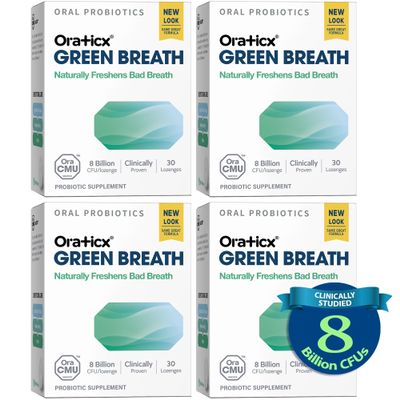 OraTicx Oral Probiotics Green Breath, Freshen Bad Breath, Dental Probiotic Supplement for Oral Health, 8 Billion CFU, Mint Flavor 30 Lozenges 4-Pack