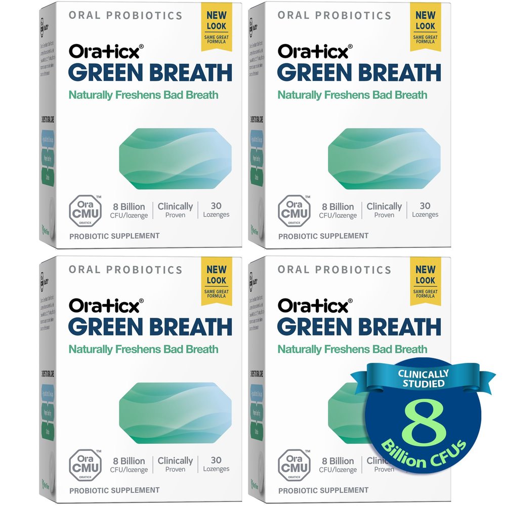 OraTicx Oral Probiotics Green Breath, Freshen Bad Breath, Dental Probiotic Supplement for Oral Health, 8 Billion CFU, Mint Flavor 30 Lozenges 4-Pack