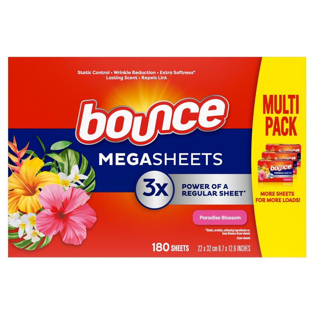 Bounce Mega Dryer Sheets, Paradise Blossom, 180 Count, Mega Fabric Softener Sheets with Static Control, Wrinkle Reduction, Extra Softness, Lasting Scent, Repels Lint
