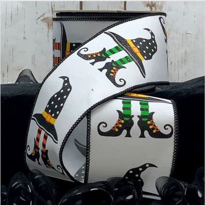 D Stevens, 2.5" Witch Hat and Boots Ribbon: White (10 Yards) Gift Wrapping Halloween Ribbon