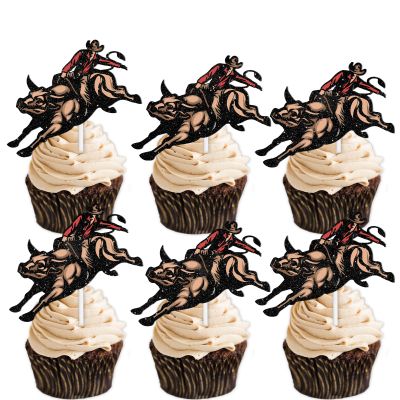 18pcs Cow Brown Glitter Dessert Cupcake Topper Country Western Bull Riding Competition Theme Decorations Baby Shower Boys Girls Happy Birthday Decor Supplies