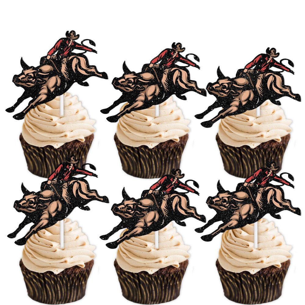 18pcs Cow Brown Glitter Dessert Cupcake Topper Country Western Bull Riding Competition Theme Decorations Baby Shower Boys Girls Happy Birthday Decor Supplies
