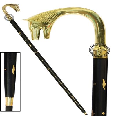 Vintage Antique Walking Cane Wooden Walking Stick with Golden Brass Handle Gift for Men and Women_Black