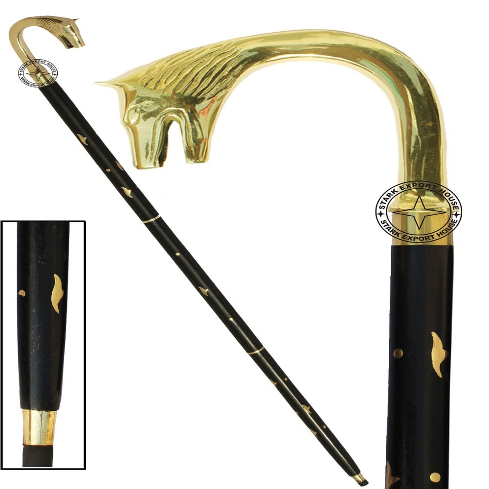 Vintage Antique Walking Cane Wooden Walking Stick with Golden Brass Handle Gift for Men and Women_Black