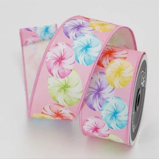 Farrisilk, 2.5" Pastel Peppermints Ribbon: Pink Gift Wrapping Wired Edge Ribbon
