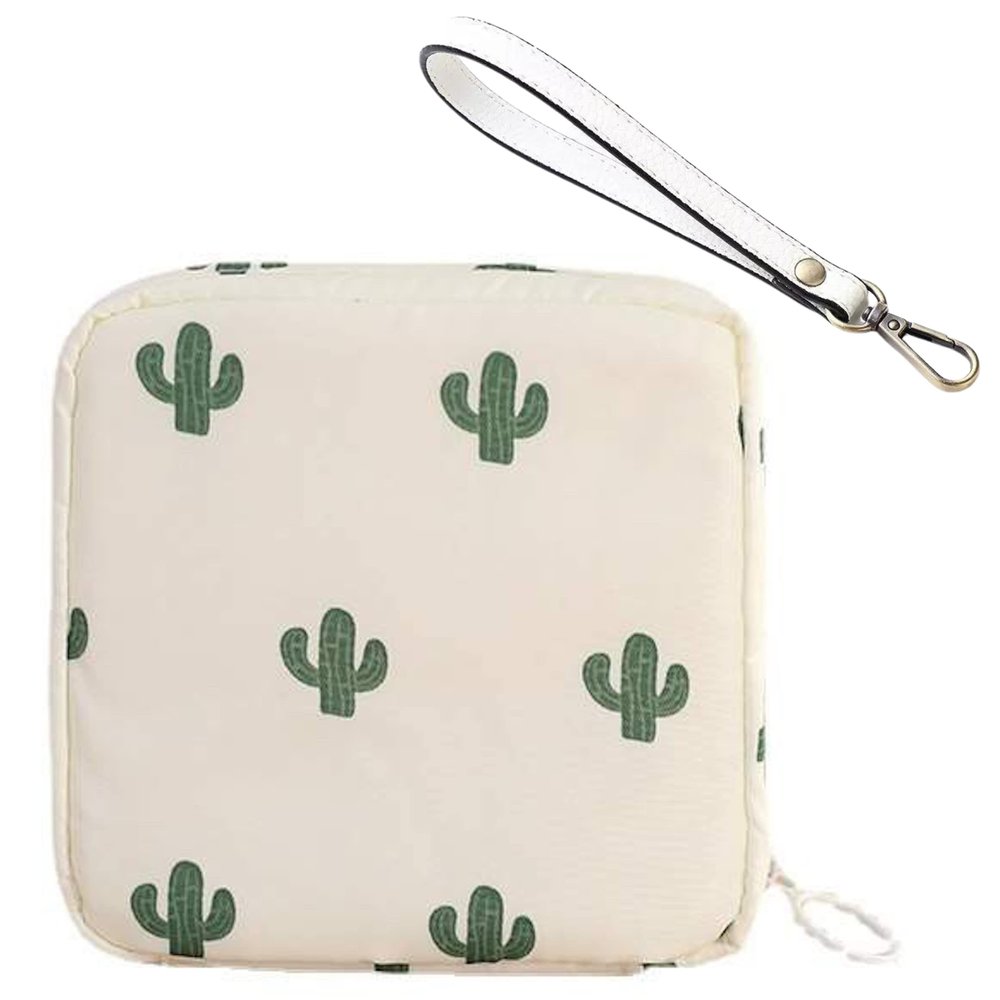 Adorable Pink Peri - Reusable Sanitary Napkin Pads Storage Bag Portable for Women Girls | Made of Nylon Water Resistance Reusable | Zero Waste Period (Cactus with strap)