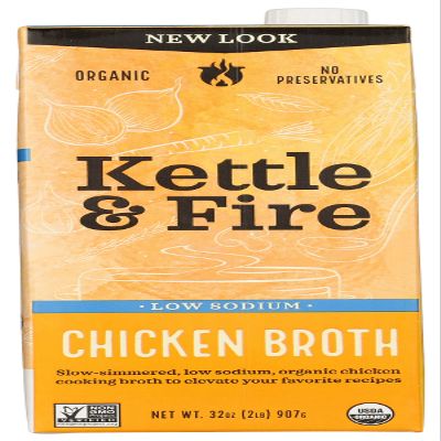 Kettle and Fire Organic Low Sodium Cooking Chicken Broth, USDA Organic, Gluten Free, Preservatives Free, 32 Ounce (Pack of 6)