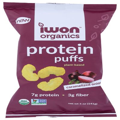 Iwon Organics Protein Puffs Caramelized Onion Flavor, Vegan, Certified Non GMO, Certified Kosher, Soy Free, Gluten Fee, 5 Ounce (Pack of 12)