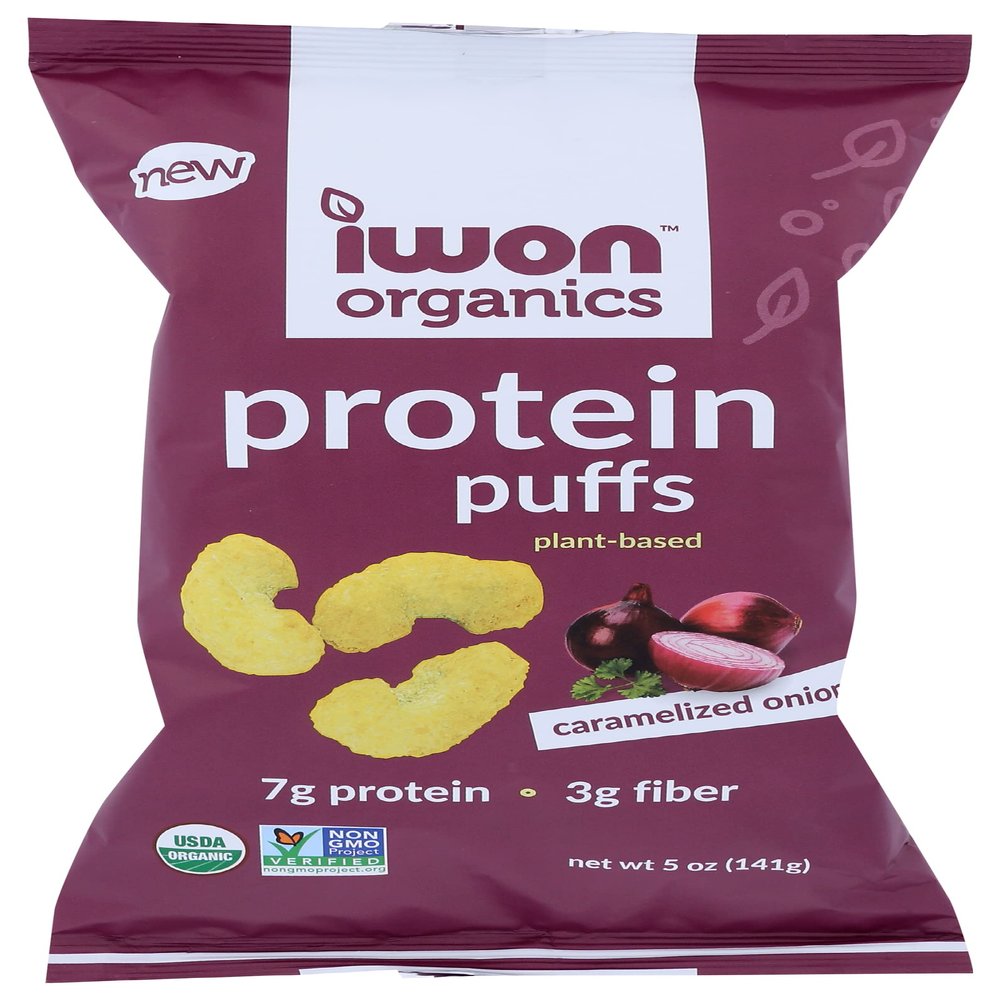 Iwon Organics Protein Puffs Caramelized Onion Flavor, Vegan, Certified Non GMO, Certified Kosher, Soy Free, Gluten Fee, 5 Ounce (Pack of 12)