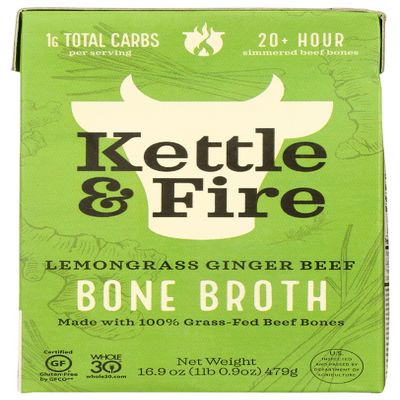Kettle and Fire Organic Lemongrass Ginger Beef Bone Broth, USDA Organic, Gluten Free, Preservatives Free, 16.9 Fluid Ounce (Pack of 6)