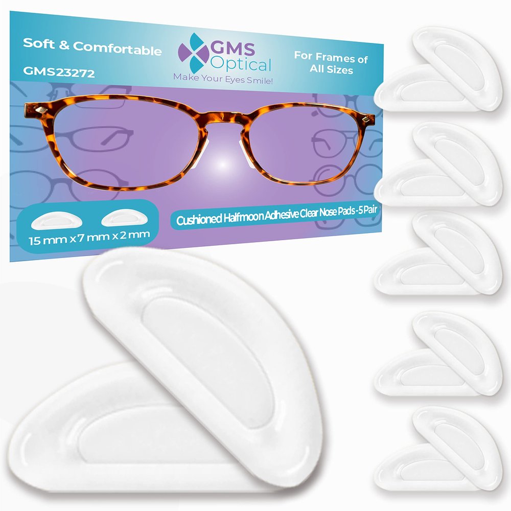 GMS Optical 2.0mm Regular Thickness / 15mm Medium Length - Air Cushion Adhesive Anti-Slip Contour Nose Pads - for Eyeglasses, Sunglasses, and Glasses - Reduces Soreness (5 Pair)(Clear)