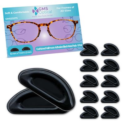 GMS Optical Med-Thick (2mm) Med-Length (15mm) Air Cushion Adhesive Contour Eyeglass Nose Pads - Anti Slip - Reduces Soreness - Nosepads for Eyeglasses, Sunglasses, and Reading Glasses(10 Pair, Black)