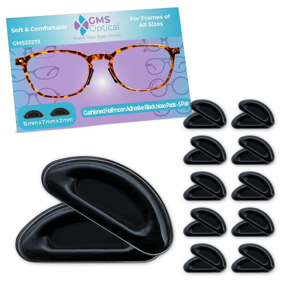 GMS Optical Med-Thick (2mm) Med-Length (15mm) Air Cushion Adhesive Contour Eyeglass Nose Pads - Anti Slip - Reduces Soreness - Nosepads for Eyeglasses, Sunglasses, and Reading Glasses(10 Pair, Black)