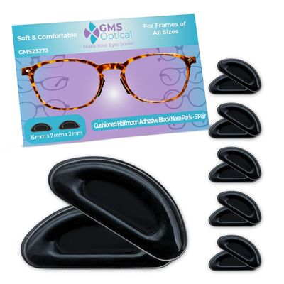 GMS Optical Med-Thick (2mm) Med-Length (15mm) Air Cushion Adhesive Contour Eyeglass Nose Pads - Anti Slip - Reduces Soreness - Nosepads for Eyeglasses, Sunglasses, and Reading Glasses(5 Pair, Black)