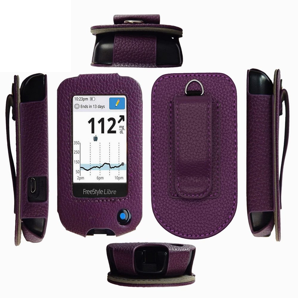 Fitted Leather Case W/Screen Protector (Includes Carabiner & Lanyard) for Freestyle Libre,Freestyle Libre 2, Freestyle Libre 14 Day,Freestyle Libre HD (Purple)