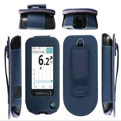 Fitted Leather Case with Screen Protector (Includes Carabiner & Lanyard) for Freestyle Libre 2 & 14 Day (Blue)