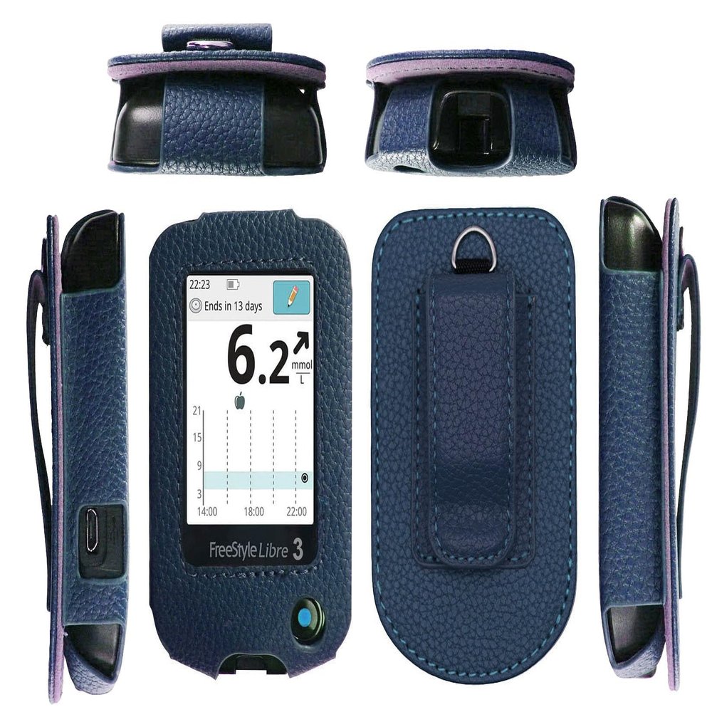 Fitted Leather Case with Screen Protector (Includes Carabiner & Lanyard) for Freestyle Libre 2 & 14 Day (Blue)