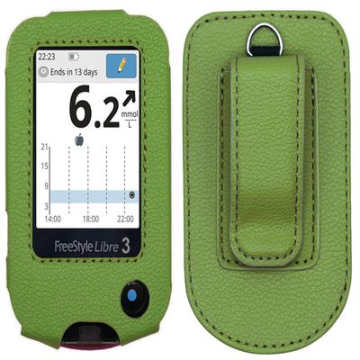 Fitted Leather Case W/Screen Protector (Includes Carabiner & Lanyard) for Freestyle Libre 3, 2,14 Day, (LGreen)