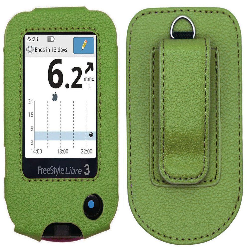 Fitted Leather Case W/Screen Protector (Includes Carabiner & Lanyard) for Freestyle Libre 3, 2,14 Day, (LGreen)