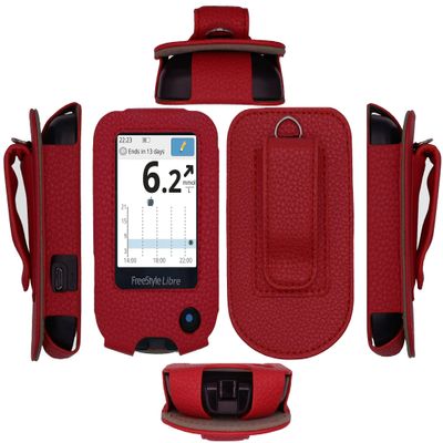 Fitted Leather Case with Screen Protector (Includes Carabiner & Lanyard) for Freestyle Libre 2 & 14 Day (Red)