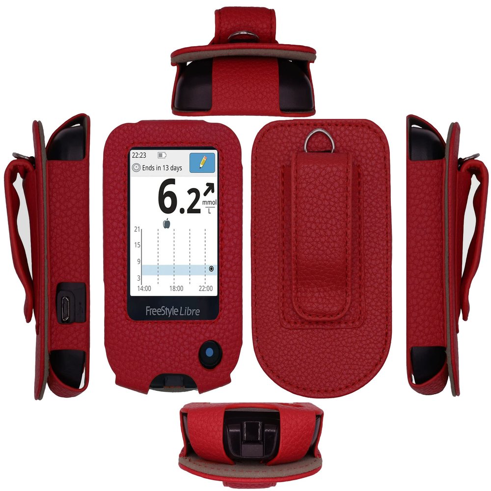 Fitted Leather Case with Screen Protector (Includes Carabiner & Lanyard) for Freestyle Libre 2 & 14 Day (Red)