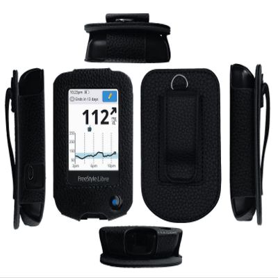 Fitted Leather Case W/Screen Protector (Includes Carabiner & Lanyard) for Freestyle Libre,Freestyle Libre 2, Freestyle Libre 14 Day,Freestyle Libre HD (Black)
