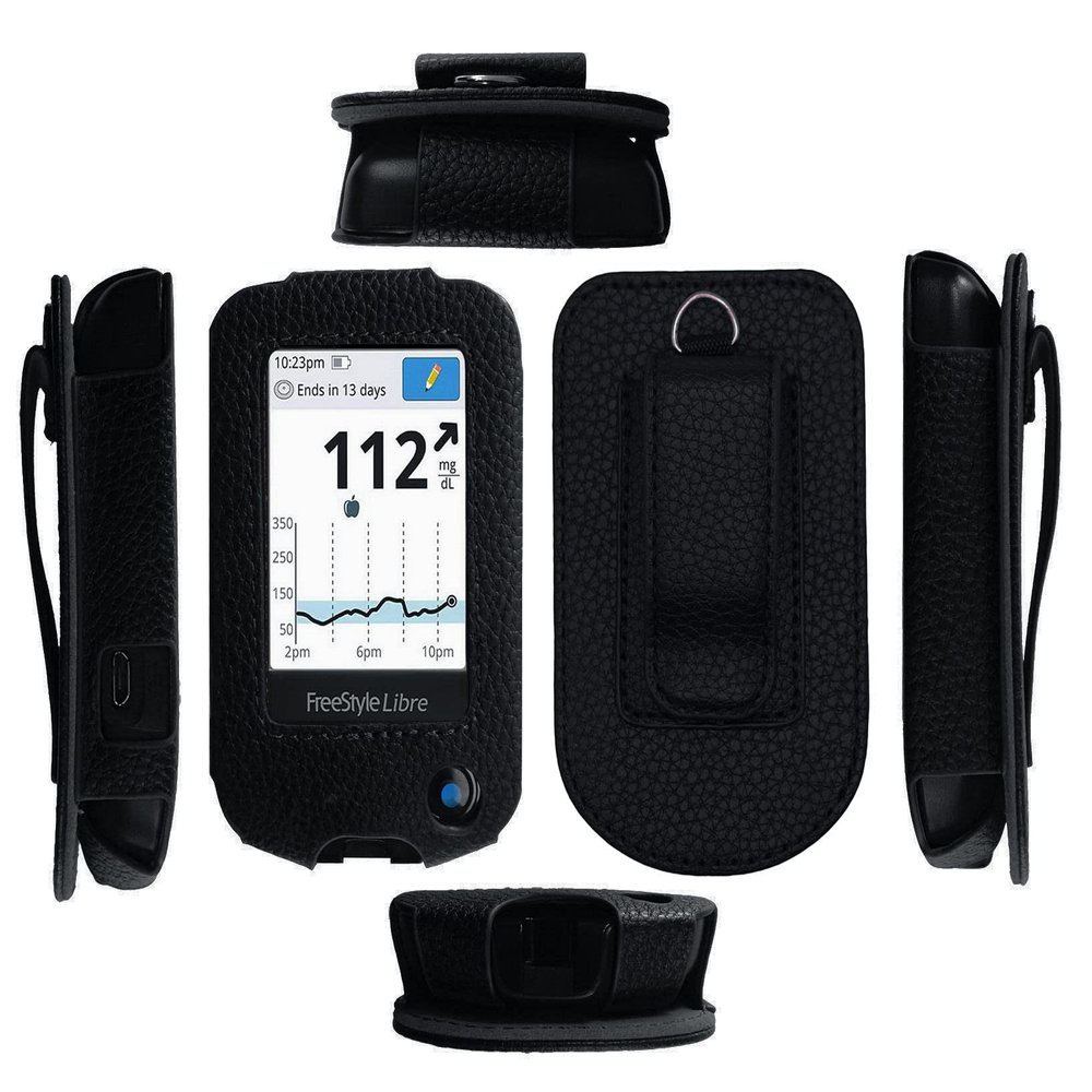 Fitted Leather Case W/Screen Protector (Includes Carabiner & Lanyard) for Freestyle Libre,Freestyle Libre 2, Freestyle Libre 14 Day,Freestyle Libre HD (Black)