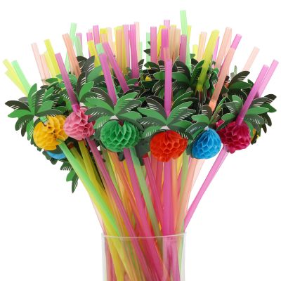 100pcs Coconut Tree Drinking Straws, Disposable Honeycomb Plastic Straws, Tropical Hawaiian Beach Cocktail Pool Luau Party Decorations Supplies