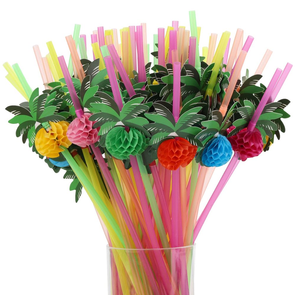 100pcs Coconut Tree Drinking Straws, Disposable Honeycomb Plastic Straws, Tropical Hawaiian Beach Cocktail Pool Luau Party Decorations Supplies