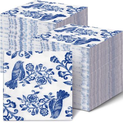 Hotop 200 Pcs Blue Floral Napkins Blue White Disposable Dinner Napkins Decorative Paper Guest Towels Floral Guest Hand Towels for Wedding Holiday Birthday Bridal Shower Tableware Party,10 x 10 Inch